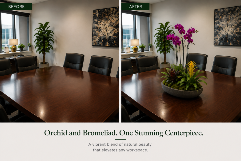bromeliad and orchid bowl at center of table smilein plants